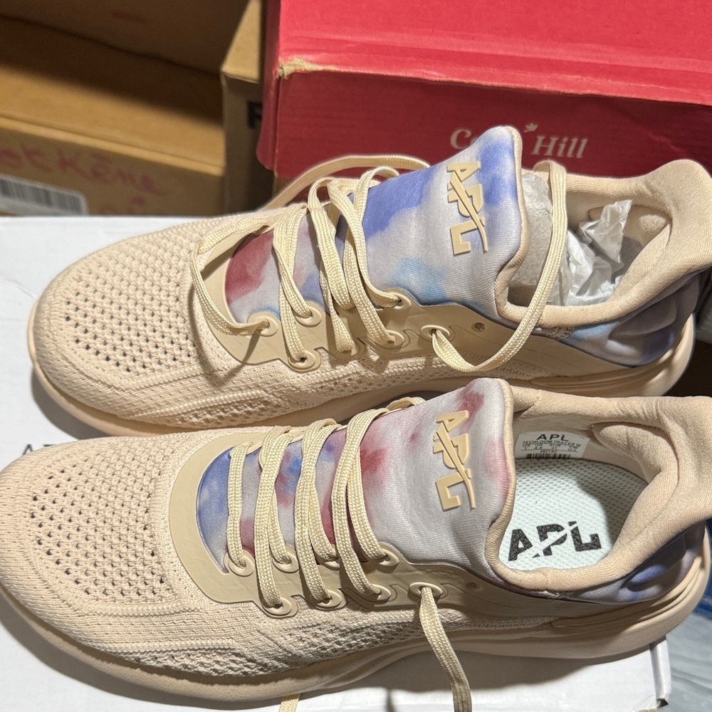 APL Beige Knit Sneakers with Pastel Tie-Dye Tongue